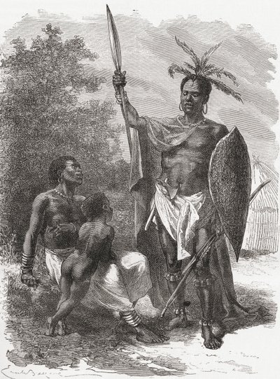 مواطن من Ougogo ، وسط أفريقيا ، في لباس حرب ، صورة توضيحية من "العالم في اليدين" ، نُشر عام 1878 بواسطة إميل أنطوان بايارد