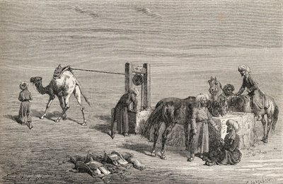 بئر في الصحراء بين سمرقند وكارشي ، أوزبكستان ، رسم توضيحي من "العالم في الأيادي" ، نقشه تشارلز لابلانت (ت 1903) ، نُشر عام 1878 بواسطة إميل أنطوان بايارد