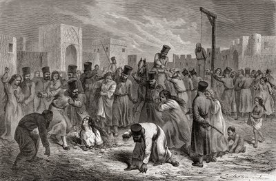 الزناة الذين رجموا وعلقوا في تركيا ، رسم توضيحي من "العالم في اليدين" ، نقش بواسطة Huyot ، نشر عام 1878 بواسطة إميل أنطوان بايارد