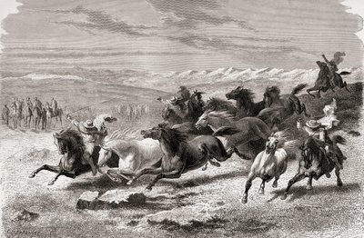 Gauchos الأرجنتيني يجمع الخيول البرية ، التوضيح من "العالم في اليدين" ، نقشها تشارلز لابلانت (ت 1903) ، نشر عام 1878 بواسطة إميل أنطوان بايارد