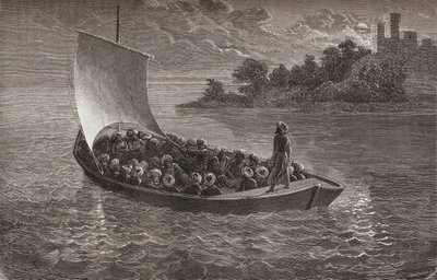أرمينيو فامبيري ورفاقه في الإبحار في بحر قزوين في عام 1863 ، رسم توضيحي من "العالم في الأيادي" ، منقوش بواسطة Gauchard ، نشر عام 1878 بواسطة إميل أنطوان بايارد