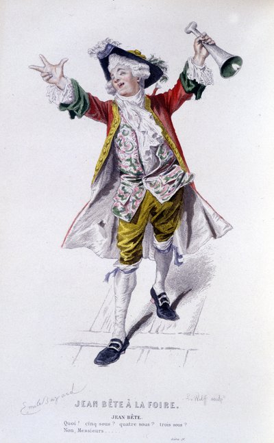 ، العمل الكامل لـ Beaumarchais (1732-1799) بواسطة Edouard Fournier. رسم اميل بايارد. إد. لابلاس ، سانشيز إت سي ، باريس 1876. هذا جان بيست في "" جان بيست آت ذا فير "" بواسطة إميل أنطوان بايارد