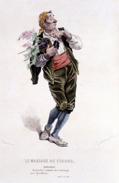 عمل كامل من قبل Beaumarchais (1732-1799) بواسطة Edouard Fournier. رسم اميل بايارد. إد. لابلاس ، سانشيز إت سي ، باريس 1876. هذا هو أنطونيو في "حفل زفاف فيجارو" بواسطة إميل أنطوان بايارد