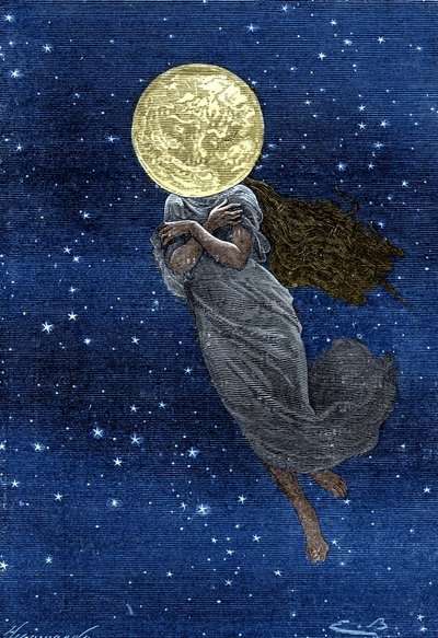 نقش (بواسطة إميل بايارد) لكتاب Jules Verne "" Around the Moon "(طبعة Hetzel / Voyages extraordinaire 1870): وصف القمر المرسوم بجسد امرأة شابة (نص بواسطة J. Verne):" "... محشو السطح ، متصدع ، مقشدة حقيقية ، يليق بك بواسطة إميل أنطوان بايارد