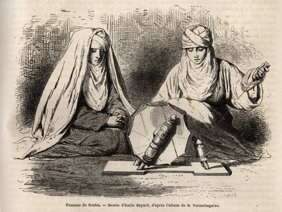 Femmes de Boukhara (أوزبكستان) ، يعملن على عملهن للغزل والنقش بعد رسم إميل بايارد ، لتوضيح رحلة باسيلي فيريشاغوين إلى آسيا الوسطى في 1867-1868 ، نُشر في "" Le tour du monde "" 1873 ، من تحرير إدوارد شارتون ، هاتش بواسطة إميل أنطوان بايارد