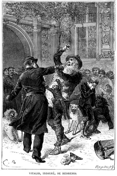 رسم توضيحي لرواية إميل بايارد "" Sans Famille "لهيكتور مالوت": في تولوز ، ألقي القبض على Monsieur Vitalis ، الذي لا يستحق ، من قبل ضابط شرطة أمام ريمي وأصدقائه ، الحيوانات المتعلمة للفرقة: جولي-كور (قلب جميل ) ، القرد و بواسطة إميل أنطوان بايارد