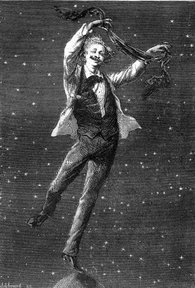 رسم توضيحي لرواية Jules Verne "Around the Moon" ، رسم بواسطة Emile Bayard ، طبعة Hetzel / Voyages extraordinaire 1870. يسلط هذا الرسم التوضيحي الضوء على علاقة الإلهام بين روايتين "lunar" لجول فيرن وألبومين T بواسطة إميل أنطوان بايارد