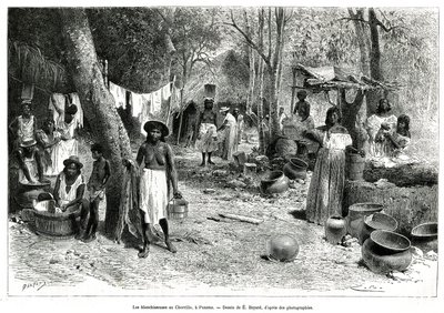 Les blanchisseuses au Chorillo ، بنما ، نقش بعد رسم من قبل إي بايارد ، لتوضيح القصة الاستكشاف في مضيق بنما ودارين ، بقلم أ.ريكلس ، ملازم سفينة ، من 1876 إلى 1878 ، نُشر في جولة العالم ، تحت إشراف بواسطة إميل أنطوان بايارد