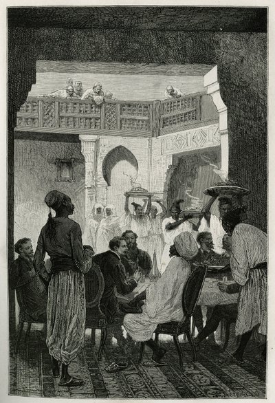 غداء على وزير الحرب ، بغطاء رأس عمامة ، في مواجهة كاتب القصة ، وصولاً إلى المحكمة ، صف من الخدم يحملون أطباق الوجبة ، نقش إيميل بايارد ، لتوضيح قصة المغرب لإدموندو دي أميسيس ، في عام 1875 ، سنة النشر بواسطة إميل أنطوان بايارد