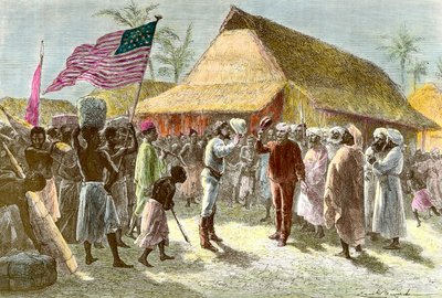 لقاء في أوجيجي على ضفاف بحيرة تنجانيقا بين هنري مورتون ، مستكشف وصحفي من ويلز (1841-1904) وديفيد ليفينجستون ، مستكشف مبشر اسكتلندي للقارة الأفريقية (1813-1873) ، في 10 نوفمبر بواسطة إميل أنطوان بايارد