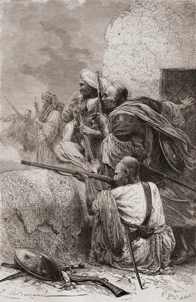 متمردو شمال أفغانستان يقاتلون البريطانيين في جبال هزارا ، باكستان ، خلال الحكم البريطاني ، 1878 بواسطة إميل أنطوان بايارد