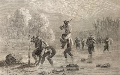 حمل بول ماركوي ورحلته الاستكشافية عبر مستنقع في الأرجنتين من قبل هنود تشونتشو عام 1874 ، رسم توضيحي من "العالم في اليدين" ، نُشر عام 1878 بواسطة إميل أنطوان بايارد
