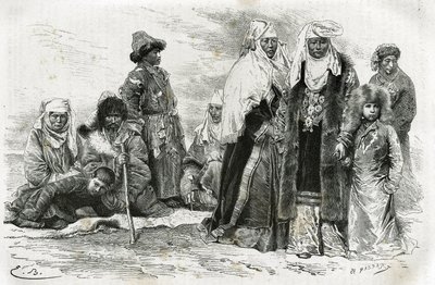 المرأة القرغيزية الفقيرة والغنية. نقش بواسطة إميل بايارد ، لتوضيح انطباعات السفر من أورينبورغ إلى سمرقند ، بواسطة ماري دي أوجفالفي بوردون ، بين عامي 1876 و 1878 ، في جولة العالم ، من إخراج إدوارد شارتون بواسطة إميل أنطوان بايارد