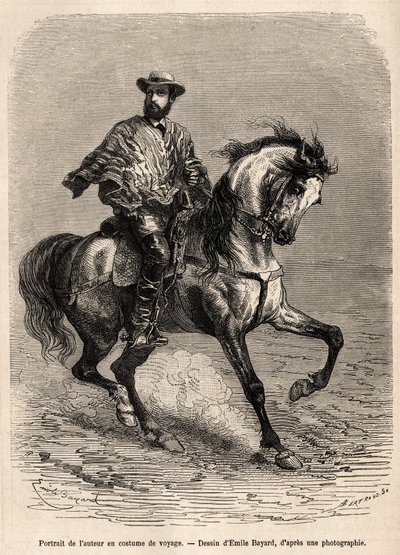صورة للمؤلف ، وهو على حصته ، مرتديًا زي السفر الخاص به ، ونقش بعد رسم لإميل بايارد يوضح القصة في صحراء أكاتاما وكاراكوليس (أمريكا الجنوبية) ، للمهندس أ بريسون ، في ١٨٧٠-١٨٧٤ ، نُشر في " "Le Tour du monde بواسطة إميل أنطوان بايارد