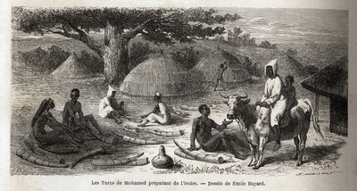 تحضير العاج ، لتاجر تركي ، أوغندا ، رسم إميل بايارد (1837-1891) ، يوضح رحلة الكابتن سبيك الاستكشافية في إفريقيا من 1860 إلى 1863. نقش في "" Le tour du monde "، تحرير إدوارد شارتون بواسطة إميل أنطوان بايارد