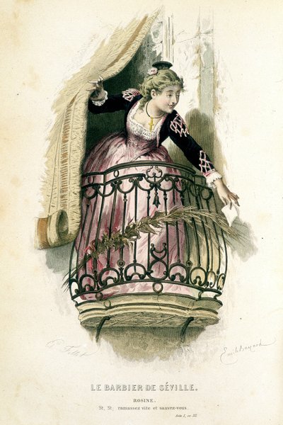 روزين في "" Le barbier de Seville "" - في "" Complete Works of Beaumarchais "" ، رسومات بواسطة Emile Bayard ، محرر. لابلاس سانشيز وسي ، باريس بواسطة إميل أنطوان بايارد