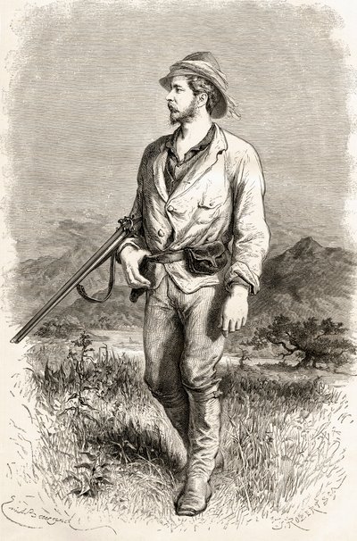السير هنري مورتون ستانلي ، رسم توضيحي من "العالم في اليدين" ، نقش جيه روبرت ، نشر عام 1878 بواسطة إميل أنطوان بايارد