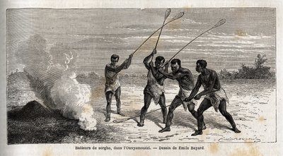 عازفو طبلة الذرة الرفيعة ، في ounyamouezi (منطقة البحيرات الكبرى ، أفريقيا) ، رسم بواسطة Emile Bayard (1837-1891) ، يوضح رحلة الكابتن Speke للاكتشاف في إفريقيا من 1860 إلى 1863. نقش في "" Le tour du monde "، تحرير إدوارد شارتون بواسطة إميل أنطوان بايارد