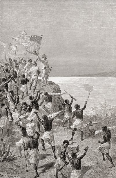 ستانلي ومشاهدة بعثته الأولى تنجانيقا ، شرق أفريقيا ، عام 1872 ، رسم توضيحي من "العالم في اليدين" ، نشر عام 1878 بواسطة إميل أنطوان بايارد
