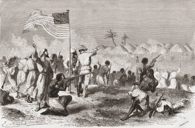 هجوم ستانلي على زيمبيزو خلال بعثته في عام 1871 ، رسم توضيحي من "العالم في اليدين" ، محفور بواسطة هنري ثيوفيل هيلديبراند (1824-97) ، نشر عام 1878 بواسطة إميل أنطوان بايارد