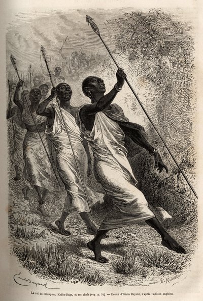 وصول كابا ريجا ، ملك أونيورو (شرق السودان) ورؤساء بلاطه ، إلى معسكر سير بيكر في زيارة رسمية ، محفور بعد رسم لإميل بايارد ، يوضح رحلة استكشافية في وسط إفريقيا ، لقمع أسود بواسطة إميل أنطوان بايارد