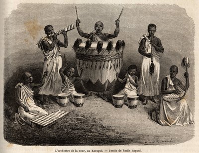 أوركسترا البلاط ، في كاراج (غرب بحيرة فيكتوريا ، زيمبابوي الحالية) ، رسمها إميل بايارد (1837-1891) ، توضح رحلة الكابتن سبيك الاستكشافية في إفريقيا من 1860 إلى 1863. نقش في "" Le tour du monde "، حرره إدوارد شار بواسطة إميل أنطوان بايارد