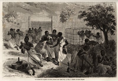 وجبة جنود حرس ملك أوغندا ، متيسا ، رسمها إميل بايارد (1837-1891) ، توضح رحلة الكابتن سبيك الاستكشافية في إفريقيا من 1860 إلى 1863. نقش في "" Le tour du monde " "، الذي حرره إدوارد شارتون بواسطة إميل أنطوان بايارد
