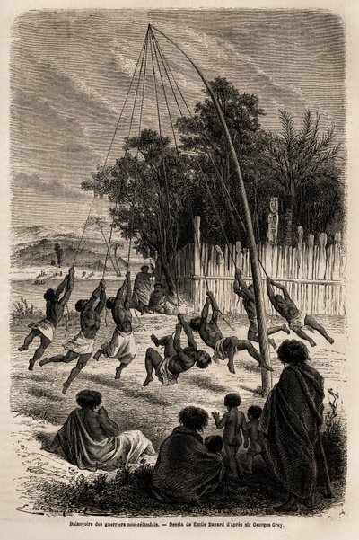 أرجوحة المحاربين من نيو زيلاند في برزخ أوكلاند ، رسمها إميل بايارد (1837-1891) ، لتوضيح رحلة فرديناند دي هوشستيتر إلى نيوزيلندا من 1858 إلى 1860. نقش في "" Le tour du monde "، حرره إدوارد شارتون بواسطة إميل أنطوان بايارد