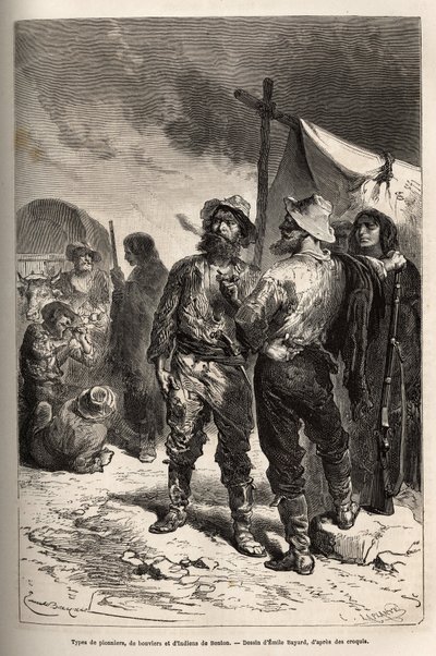 أنواع الرواد ، de bouviers et d'indians de Benton (مونتانا) ، نقش بعد الرسم الذي رسمه إميل بايارد ، يوضح الرحلة من واشنطن إلى سان فرانسيسكو ، في عام 1868 ، بواسطة L. Simonin ، نُشرت في "" Le tour du monde " "" 1874 ، حرره إدوار بواسطة إميل أنطوان بايارد