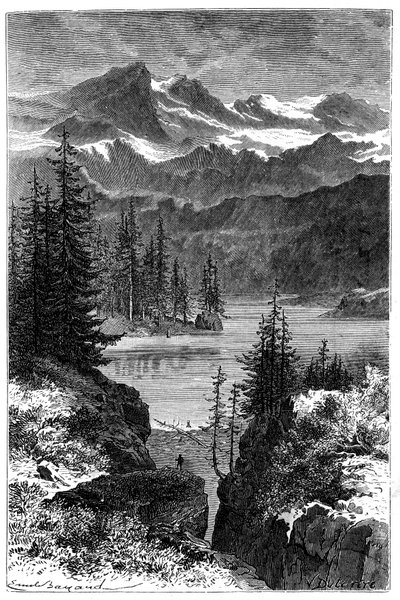 منظر لجبال الألب: غابة ، بحيرة ، قمم. رسم توضيحي بواسطة إميل بايارد لكتاب Les Montagnes d'Albert Dupaigne ، طبعة مامي 1881. بواسطة إميل أنطوان بايارد