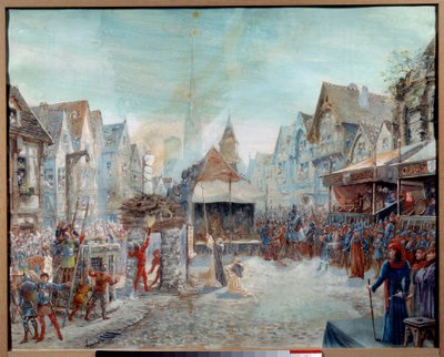 حرب المائة عام: "" قادت جان دارك (1412-1431) على الجزار "(Place du Vieux-Marche in Rouen). رسم إميل ديشايس (1875-1946) 1901. صن. 0،73 × 0،6 م روان ، متحف الفنون الجميلة انتباه! قد يخضع استخدام هذا العمل إلى جهة خارجية بواسطة إميل ديشايس