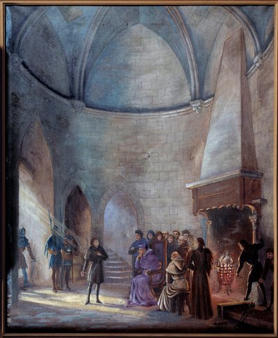 حرب المائة عام: "" استجواب جان دارك (1412-1431) من قبل القضاة "لوحة رسمها إميل ديشايس (1875-1946) 1901. صن. 0،73 × 0،6 م روان ، متحف الفنون الجميلة انتباه! قد يخضع استخدام هذا العمل لطلب إذن من جهة خارجية أو طلب ترخيص إضافي بواسطة إميل ديشايس