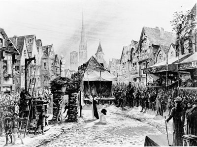 أحرق جان دارك على قيد الحياة في ساحة du Vieux-Marche ، من "Jeanne d&39;Arc a Rouen" ، c.1900 بواسطة إميل ديشايس
