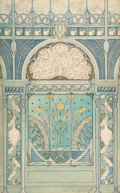 تصميم لتزيين الجدران مع الطاووس والرافعات وعباد الشمس للمطعم ... ، 1896-98 بواسطة اميل هيرتري