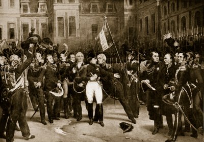 وداع نابليون لجنرالاته في فونتينبلو ، 1814 ، رسم توضيحي من "قصة هتشنسون للأمة البريطانية" ، ج .1923 بواسطة إميل جان هوراس فيرنيه