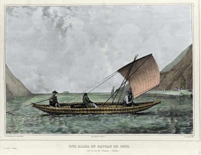 A Balsa أو قارب متهور على بحيرة تيتيكاكا (بوليفيا). الطباعة الحجرية بواسطة إميل لاسال (1813-1871) - في "" رحلة دانس لامريك ميريديونالي "بقلم ألكيد دوربيني (1802-1857) بواسطة إميل لاسال