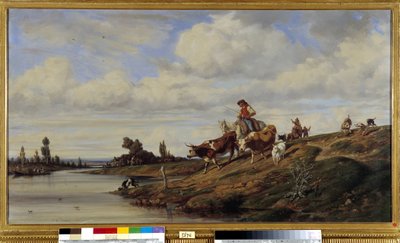 مرور بقرة Gue يمر النهر مع قطيعه. اللوحة التي رسمها إميل لوبون (1809-1863) إشارة إلزامية: مجموعة فونداتيون دي بروفانس ، مرسيليا بواسطة اميل لوبون