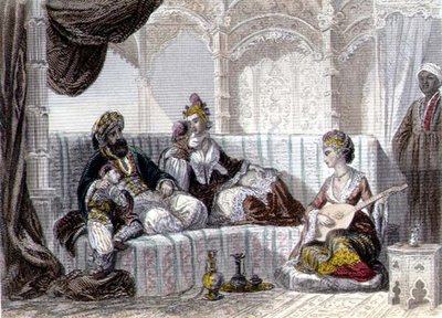 صورة داخلية مع باي وعائلته ، من "القسطنطينية والبحر الأسود" ، نقشها الأخوان رورج بواسطة إميل ورورج أدولف رورج