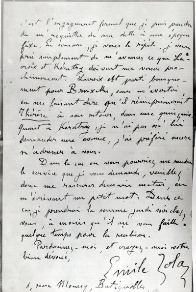 رسالة من زولا إلى إدوارد مانيه (1832-1883) 1868 (قلم وحبر على ورق) بواسطة اميل زولا
