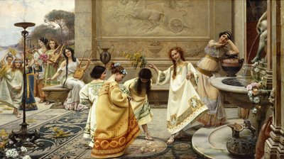 Fontinales: عيد النوافير. Fontinales: Fete des Fontaines (زيت على قماش مع ثلاث لوحات أفقية ، واحدة موقعة ، ومثبتة في t) بواسطة إميليو فاساري