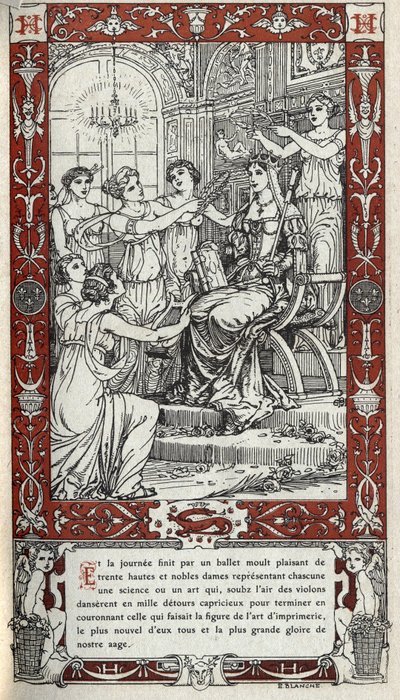 باليه في قلعة فونتينبلو حيث تمثل كل واحدة من سيدات بلاط الملك هنري الثاني (1519 - 1559) علمًا أو فنًا. نقش عام 1914 بواسطة إيمانويل بلانش (1880-1946) مجموعة خاصة من DR. بواسطة إيمانويل بلانش