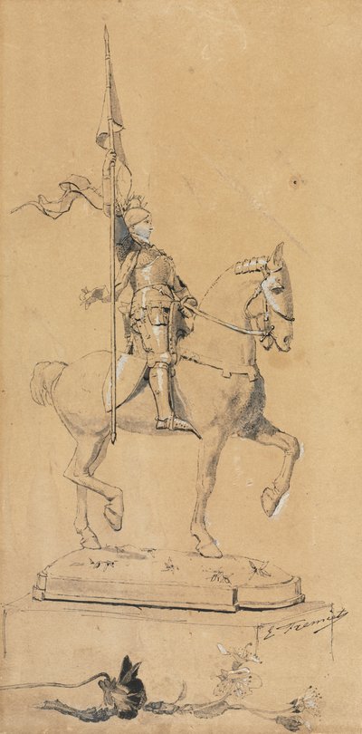 جان دارك على ظهور الخيل، ج. 1889-1899 (القلم والحبر الأسود، غسيل الحبر وزيادة اللون الأبيض) بواسطة إيمانويل فريميت