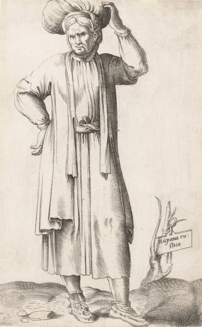 لوحة الأزياء: هيسبانيا روستيكا مع الغسيل على الرأس ، كاليفورنيا. 1557-58. بواسطة Enea Vico