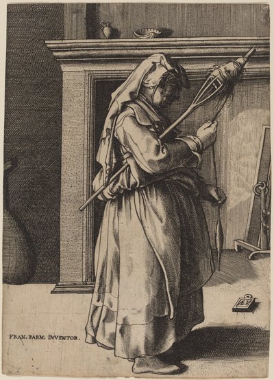 امرأة عجوز مع ديستاف بواسطة Enea Vico بعد Parmigianino