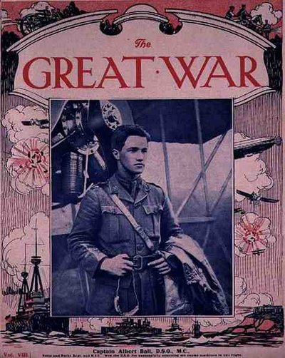 Captain Albert Ball (1896-1917) DSO، MC ، الغلاف الأمامي لـ 'The Great War' ، المجلد. الثامن ، حوالي 1917 (حفر ضوئي) بواسطة مصور انجليزى