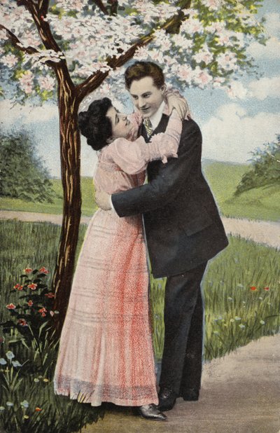 الزوج الذي يعانق تحت شجرة إزهار (chromolitho) بواسطة مصور انجليزى