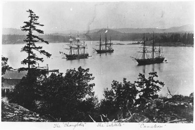HMS Charybdis ، HMS Satellite و HMS Cameleon at Esquimalt Royal Navy Dockyard ، كولومبيا البريطانية ، c.1880s بواسطة مصور انجليزى