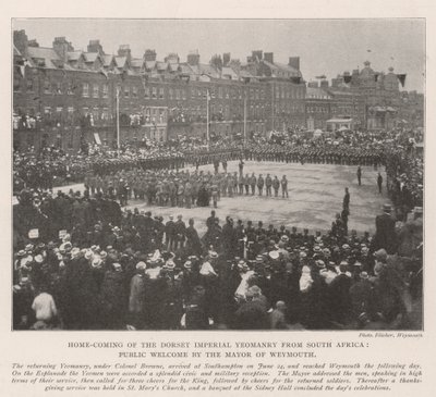 الصفحة الرئيسية القادمة من Dorset Imperial Yeomanry من جنوب إفريقيا ، الترحيب العام من قبل عمدة Weymouth بواسطة مصور انجليزى