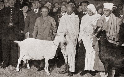 المهاتما غاندي يصل إلى لندن ، إنجلترا في عام 1931 مع تلميذه ، مادلين سليد ، واثنين من ماعزه ، من قصة خمس وعشرون سنة ، نُشر عام 1935 بواسطة مصور انجليزى