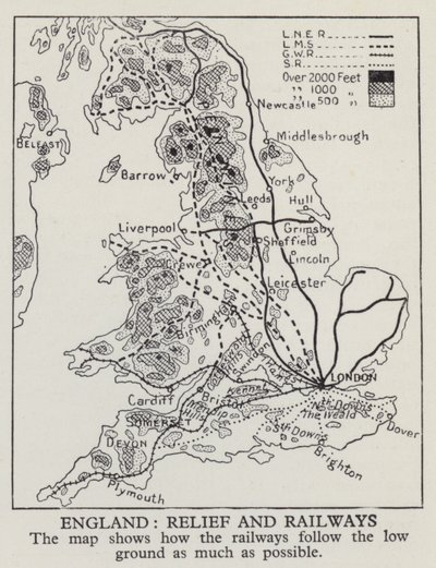 Map showing how railways in England follow the low ground as much as possible (b/w photo) بواسطة مصور انجليزى